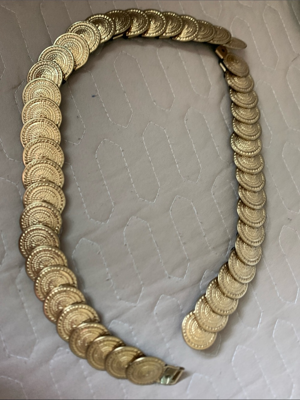 Gold-Tone Coin Link Belt for Women 24”L before stretching  45”L after stretching